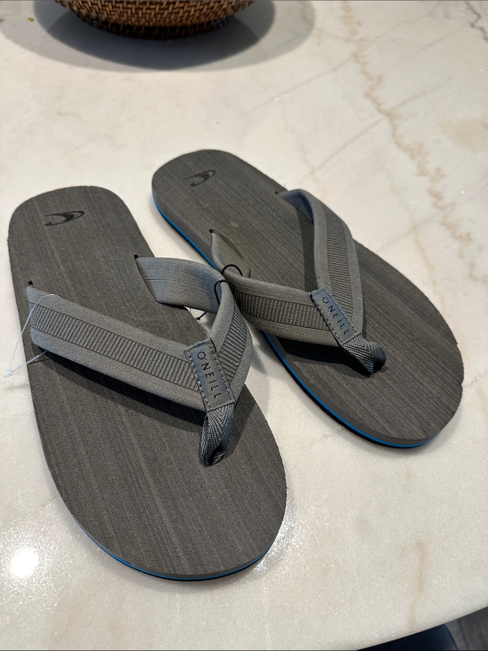 O'Neill Gray Flip Flop Sandals with Blue Trim